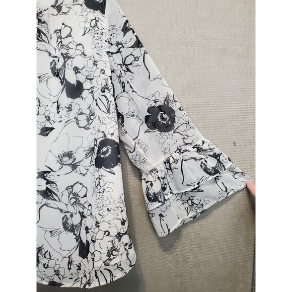 Talbots Petites Off-White Botanical Sketch Chiffon Bell Sleeve Lined Blouse XLP - Picture 2 of 5
